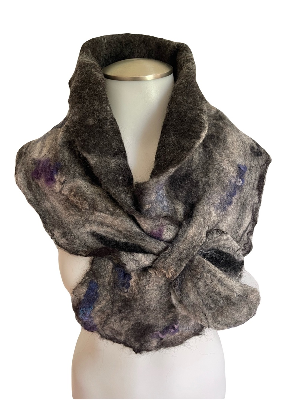 Handfelted Gray Wool Blend Infinity Scarf with Subtle Purple and Blue Accents